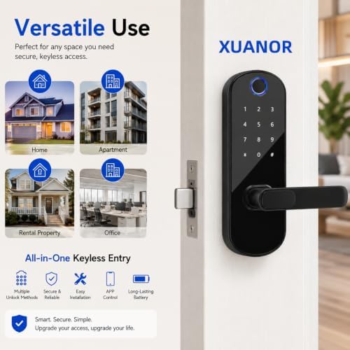 Keyless Entry Fingerprint Smart Deadbolt Lock with Handle & Keypad – App Control, Code Access, Easy DIY Install for Front Door, Home, Airbnb, Rental