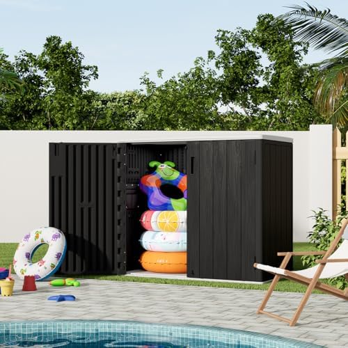 KINYING Outdoor Horizontal Storage Sheds,37 Cu.ft Outdoor Storage Cabinet Waterproof Resin Tool Storage Box for Lawn Mower,Garden Tools and Patio Furniture, Lockable (Black)