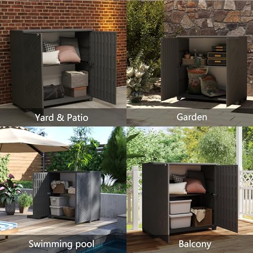 Diamond Cabinet with 1 Shelf, Black 33.5×15.1×34.3 Inch - Waterproof UV-Resistant Outdoor Storage for Patio, Poolside & Indoor - Store Brooms Trash Bins