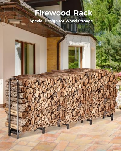 Firewood Rack, 8ft Heavy Duty Fire Wood Storage Racks for Indoor Outdoor, Metal Log Holders for Firewood, Fireplace Wood Pile Storage Stacker Organizer, Black