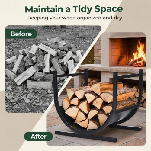 Goplus Firewood Rack, 17” U-Shaped Heavy-Duty Iron Log Rack with Stable Base & Carrying Holder, Indoor & Outdoor Decorative Wood Stacking Holder, Easy Set Up