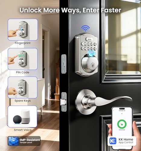 Veise VE012W-B Smart Wi-Fi Deadbolt Lock with Handle Set, Satin Nickel