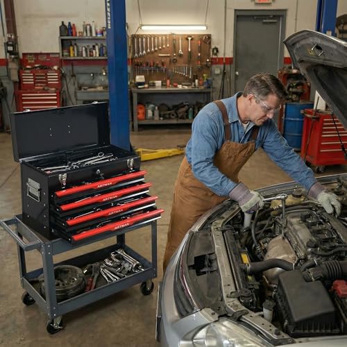 4 Drawer 21" Heavy Duty Metal Tool Box Portable Tool Chest with Metal Latch Closure & Security Key Lock, Top Storage Tray Toolbox with EVA Liners for Workbench, Garage & Warehouse (Black&Red)