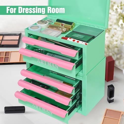 Mini Metal Tool Box, 2+3 Layer Portable Steel Small Tool Chest Cabinet,Stackable Desktop Organizer,Makeup & Stationery Storage Drawers with Handles for Home Office Workshop(Creamy Green & Pink)