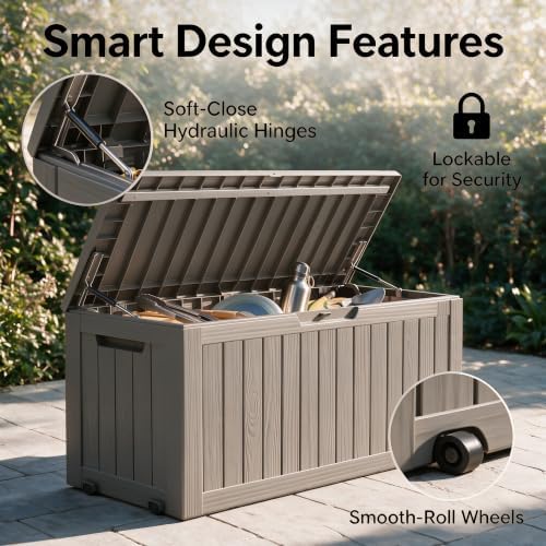 91 Gal Deck Box,Waterproof Resin Outdoor Storage Gas Lift,Lockable Grey