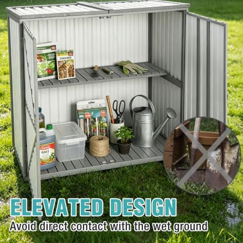 Outdoor Storage Shed 4.2x2.2FT with Metal Frame & Fir Wood, Weatherproof Resin Garden Shed for Patio Backyard, Horizontal Storage Cabinet with Adjustable Shelves