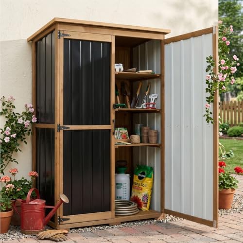 Outdoor Storage Cabinet, Wood & Metal Garden Tool Shed, 46 x 18 x 68 Inches