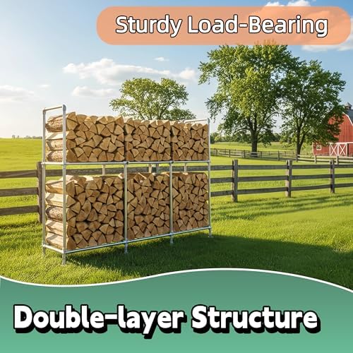 8ft Heavy Duty Firewood Rack Outdoor with Cover,2-Tier,8 Aluminum Base Feet