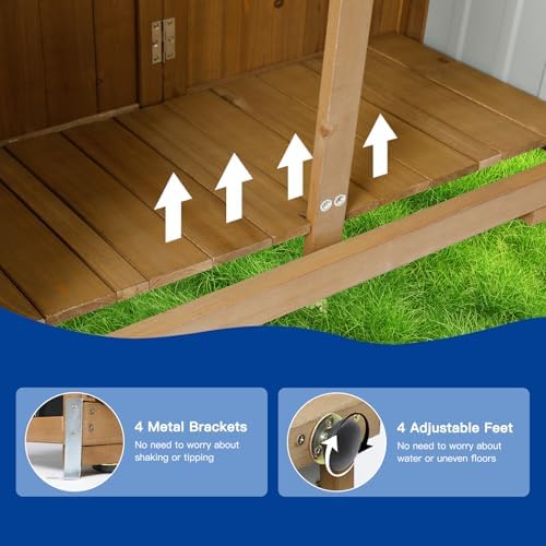 Outdoor Storage Cabinet Wood & Metal with Waterproof Roof, Garden Tool Shed with 3 Removable Shelves, 4 adjustable reinforced feet with metal brackets, 6 T-Hinge, magnetic door,15.6"D x 32.3"W x 66"H