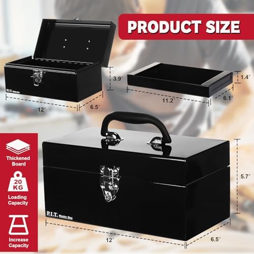 P.I.T. Metal Tool Box 12 Inch,Portable Small Toolbox with Latch,Black