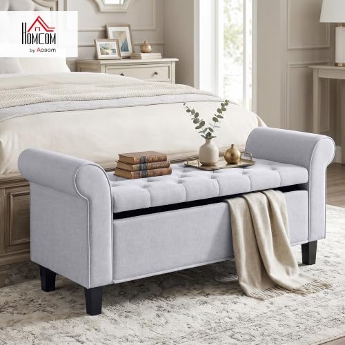 HOMCOM 47" Storage Ottoman End of Bed Bench with Rolled Arms Light Gray