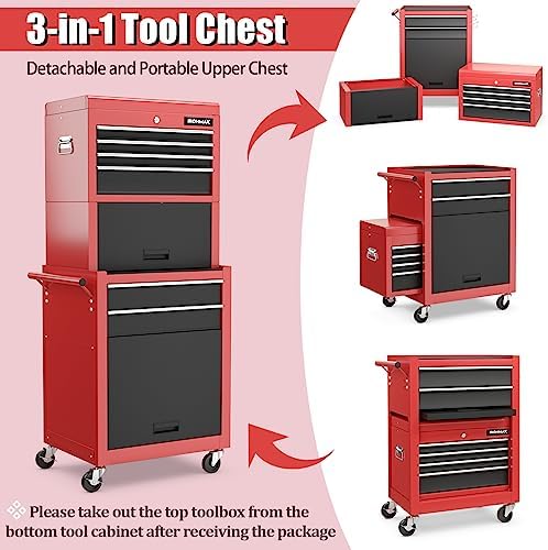 IRONMAX Tool Cabinet on Wheels, 6-Drawer Lockable Rolling Tool Chest, Red