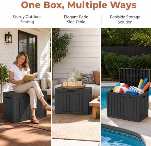 Outdoor Storage Box Resin Deck Box Waterproof Black 51 Gallon