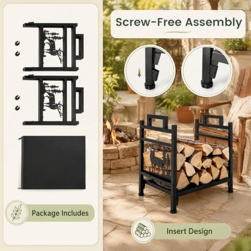 Goplus Firewood Rack Outdoor, 18.5” Metal Firewood Holder w/Mesh Sides & Base, Decorative Deer Patterns, Handle, Indoor Log Storage Rack, Small Wood Rack for Fireplace, Woodstove (18.5" x 13.5" x 18")