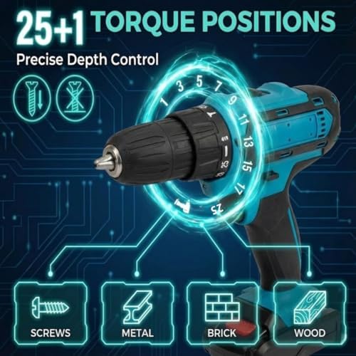 Evermore 21V Cordless Drill Set - 24-Piece All-In-One Power Tool Kit with 2 Batteries, Charger, and Carrying Case - High-Torque Electric Drill for Home Improvement & Renovation