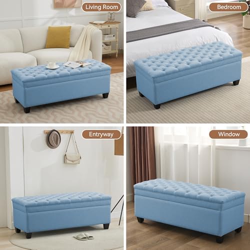 WUTUTUEE 50" Fabric Storage Ottoman Bench, Upholstered Rectangle End of Bed Storage Ottoman Tufted Living Room Bedroom Bench with Safety Hinge, Solid Wood Legs, Loads 500 lb(Light Blue)