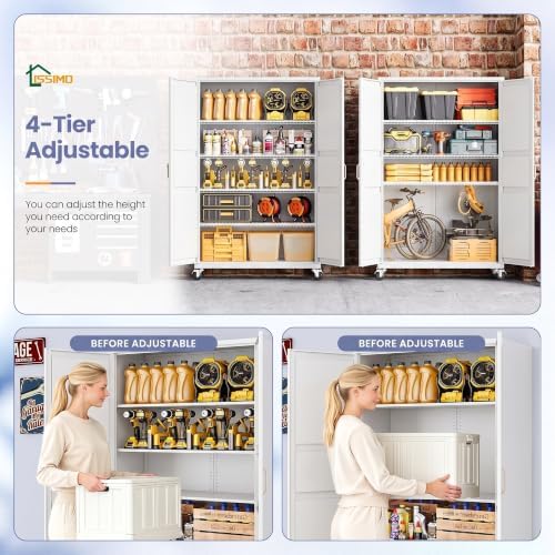 Metal Garage Storage Cabinet with Wheels, Wide & Deep Storage Cabinet with Door and Adjustable Shelves, 71" Rolling Tool Cabinet for Garage, Basement, Home Office