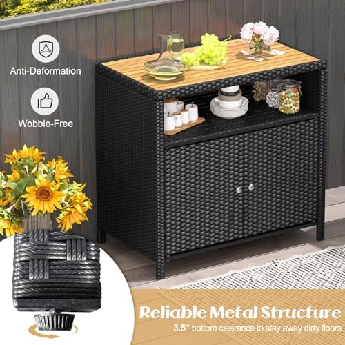 Tangkula Rattan Outdoor Storage Cabinet, Patiojoy Outdoor Cabinet with Acacia Wood Countertop, Open Compartment, 2-Door Wicker Sideboard, Outdoor Bar for Patio Garden Backyard Poolside (Black)