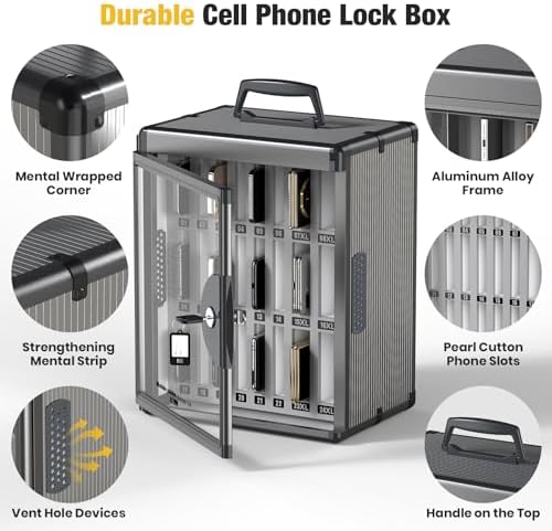 Glosen 24 Slots Cell Phone Storage Locker for Classroom, Portable Phone Locker with Key Lock & Handle, Wall Mounted Phone Lock Box for Office & School, Fits Most Smartphones Black