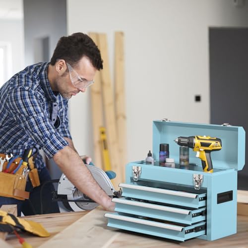 Portable Metal Tool Box – 3 Drawers Lockable Mini Toolbox, Heavy-Duty Tool Chest for Workshop & Garage (Blue)