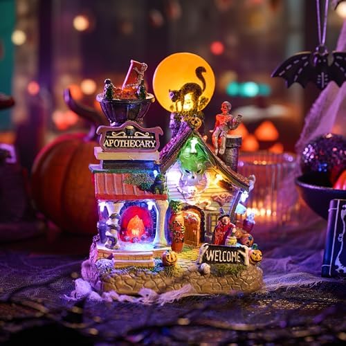 Valery Madelyn Halloween Decorations, Lighted Halloween Village Houses with Music and LED Lights, Resin Haunted House Spooky Town Scary Witch's Potion for Home and Party Table Desk Mantel, 8 Inch