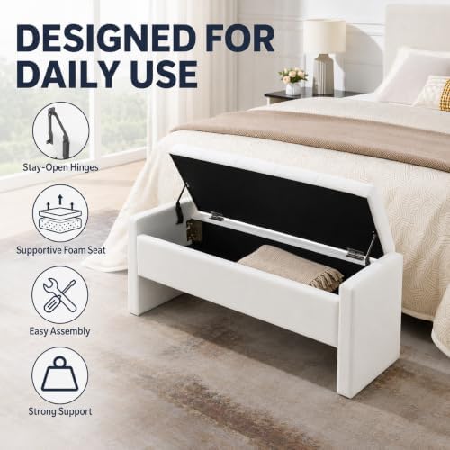 47.25 Inch Storage Ottoman Bench, Linen Upholstered, White