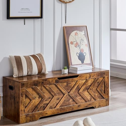 55.1” Storage Bench, Extra Large Entryway Bench with Storage,Storage Chest with 2 Safety Hinges,Blanket Storage,Shoe Storage Chest for Bedroom,Living Room,Easy Assembly. (Rustic Brown)