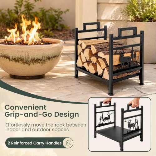Goplus Firewood Rack Outdoor, 18.5” Metal Firewood Holder w/Mesh Sides & Base, Decorative Deer Patterns, Handle, Indoor Log Storage Rack, Small Wood Rack for Fireplace, Woodstove (18.5" x 13.5" x 18")