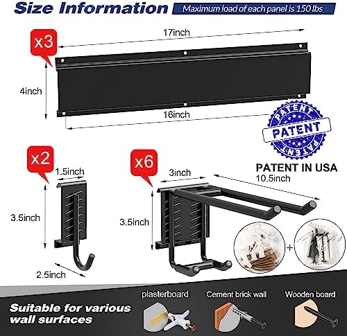 Sttoraboks Garage Wall Organizer, Heavy Duty Tool Hangers for Garage Wall with 8 Double Hooks & 3 Rails, Tool Organizer Wall Mount, Garage Hanging Storage Rack for Shovel, Rake, Broom and Ski Gear
