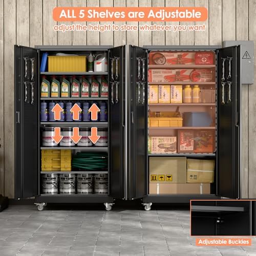Metal Garage Storage Cabinet with Wheels and Pegboard Doors