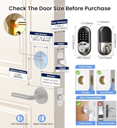 Veise RZ07 Fingerprint Smart Door Lock Deadbolt, App Control, Satin Nickel