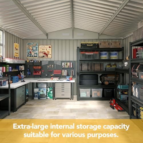 14x12FT Outdoor Storage Shed, Tool Shed with Sloping Roof and Lockable Door, Galvanized Metal Shed for Backyard Garden Patio Lawn, Brown