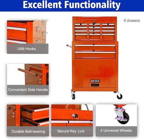 RYH 8 Drawers Rolling Tool Chests (Orange, 8 Drawers /43.1" H × 24.2" W)