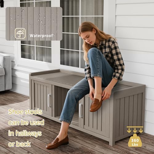 Storage Bench - Waterproof Resin Shoe Bench with Adjustable Shelves - Indoor & Outdoor Use, 2 Doors Entryway Bench with Hidden Storage Space - Storage Cabinet for Bedroom, Hallway, Grey