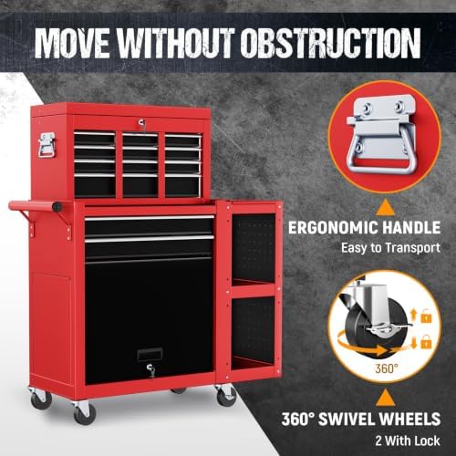 8-Drawer Rolling Tool Chest,3-in-1 Tool Box on Wheels with Lockable Steel Cabinet, Detachable Top Toolbox & Bottom Storage Cart with Additional Cabinet for Repair Room,Warehouse,2026 Red