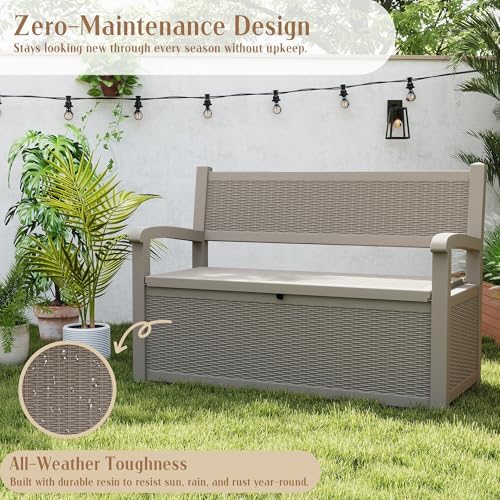 ROJIK 80 Gallon Storage Bench Deck Box Outdoor with Armrests, Resin Storage Furniture Waterproof Lockable for Porch Patio and Garden,Sturdy and Durable, Grey
