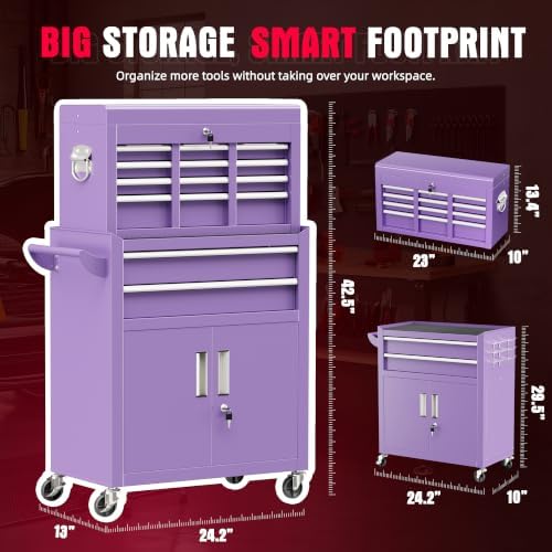 Bonusall 8 Drawer Rolling Tool Chest and Cabinet Combo,Heavy-Duty Metal Garage Tool Chest with Wheels and 2 Doors,2-in-1 Top Box and Roller Cabinet Combo for Garage, Workshop, Warehouse-Purple