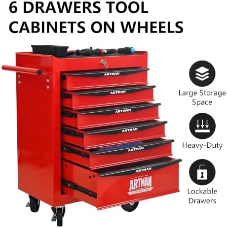 Heavy Duty 6-Drawer Rolling Tool Chest, Key Lock Tool Storage Cabinet with Lockable Casters & Drawer Liners, Mobile Tool Organizer Cart for Garage Workshop Warehouse Repair Shop (Red)