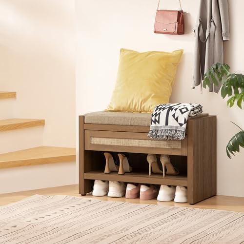 SICOTAS Rattan Shoe Bench Entryway Bench with Storage Drawer, Linen Cushion