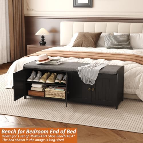 HOMEFORT 48.4" Shoe Storage Bench with Cushion, Entryway Bench with Paddded Seat, 2-Tier Shoe Cabinet Bench with Adjustable Shelves and 4 Doors, Wooden End of Bed Bench, for Bedroom, Hallway, Black