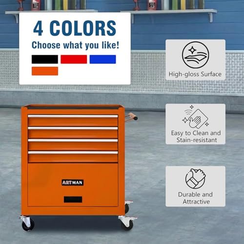 4 Drawers Tool Chest on Wheels, Multifunctional Rolling Tool Cart Tool Storage with 1 Cabinet, Drawers Rolling Tool Box Organizer for Garage, Warehouse, Workshop, Repair Shop (4 Drawers-Orange)
