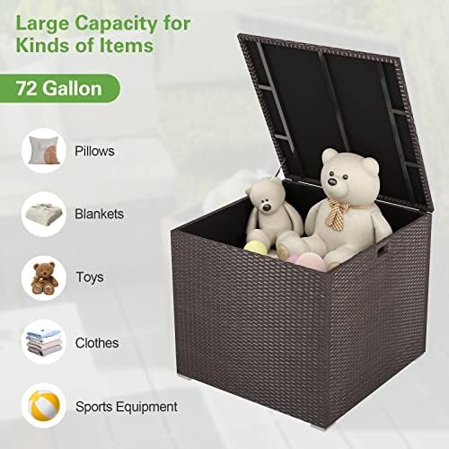 HAPPYGRILL Outdoor Storage Deck Box, 72 Gallon Square Wicker Patio Rattan Storage Container with Zippered Liner & Safe Pneumatic Rod, Outdoor Wicker Deck Box for Garden Tools Cushions