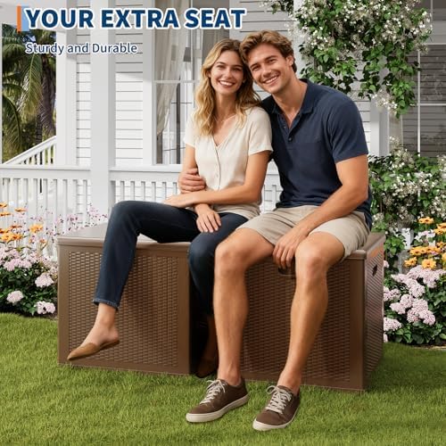 80 GAL Outdoor Deck Storage Box Lockable Waterproof UV Resistant - Brown
