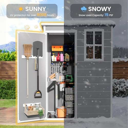 Amopatio Outdoor Storage Shed with Floor, 5x3 FT Lockable Plastic Tool Shed with Ventilation, Waterproof Resin Garden Sheds for Backyard, Patio, Lawn and Bike Grey