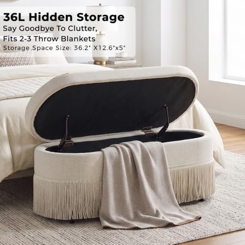 39.4“ Boho Storage Ottoman Bench with Tassels,Upholstered End of Bed Bench