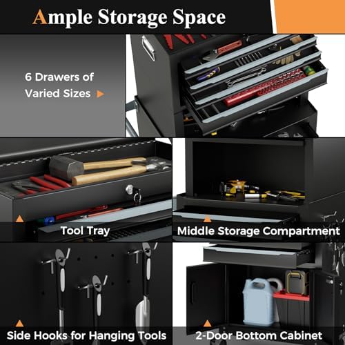 IRONMAX 3-in-1 Steel Rolling Tool Chest, 6 Drawers and Storage Compartment