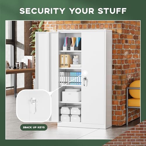 Greenvelly Metal Garage Storage Cabinet with 2 Doors & Adjustable Shelves, 72" Lockable Steel Tool Cabinet - White - (36" W x 18" D)
