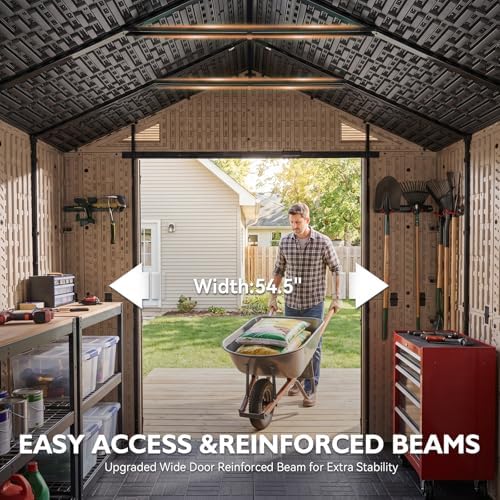 LazySunsets 8x10 Ft Outdoor Storage Shed with Light, Large Resin Outdoor Shed with Floor Included, 3 Windows & Lockable Door, Garden Plastic Storage Sheds for Bike, Lawn Tools, Garbage Can