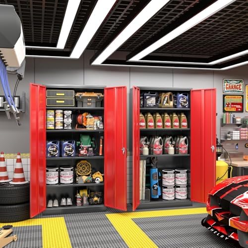 Greenvelly Metal Garage Storage Cabinet, 72" Black Red Tool Steel Locking Cabinet with Doors and 4 Shelves, Tall Cabinets for Garage Storage Systems Lockable File Cabinet for Home Office,Garage