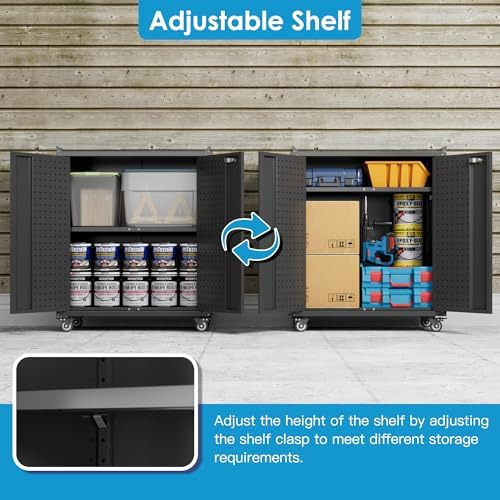 Reemoon 31.5" H Rolling Metal Storage Cabinet with 2 Doors & Pegboard,Black